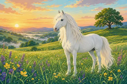 Caballo blanco de crin larga en una pradera verde al amanecer con niebla y colinas