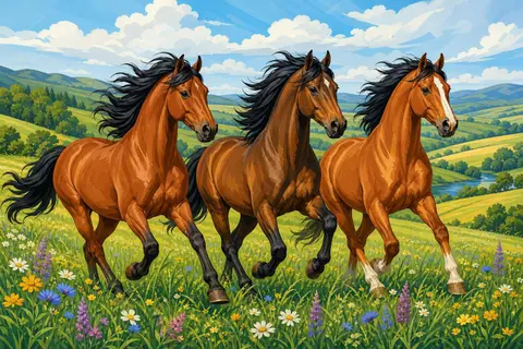 Tres caballos marrones trotando juntos por una pradera verde con colinas al fondo