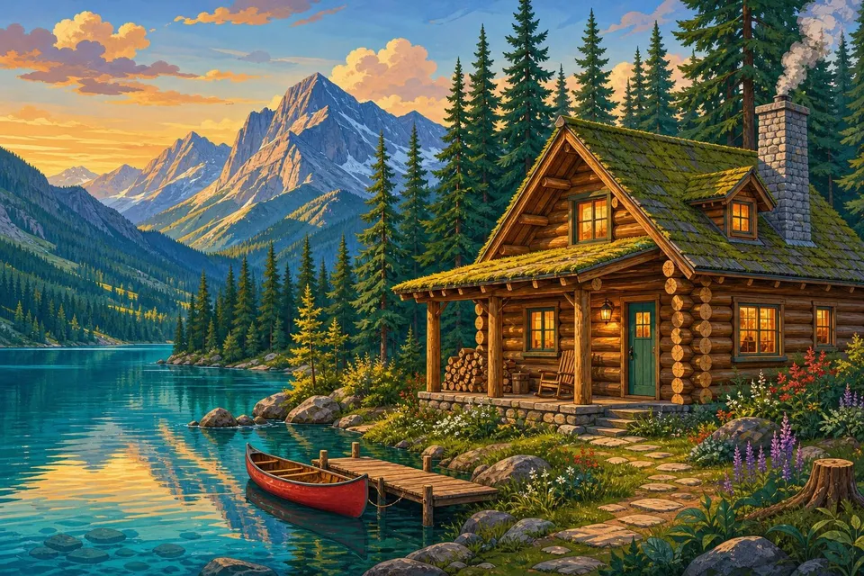 Cabaña de troncos con chimenea de piedra junto a un lago con canoa roja