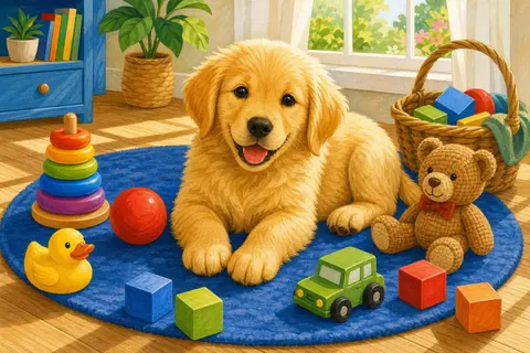 Cachorro dorado sobre una alfombra azul rodeado de pelota, pato, aros y bloques de colores