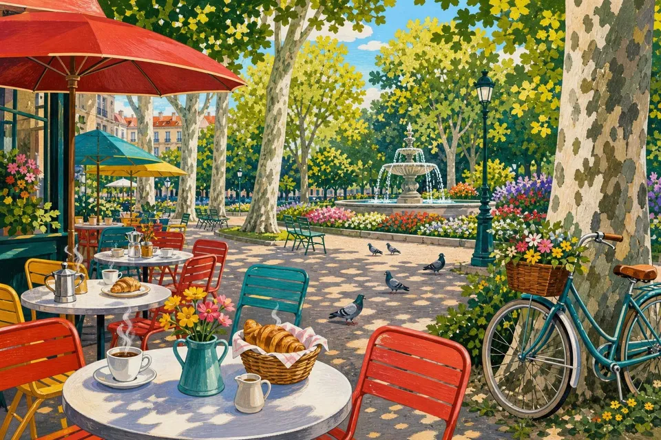 Terraza de café en un parque con mesas, sillas de colores, tazas humeantes, una bicicleta y una fuente