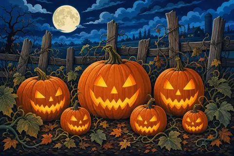 Seis calabazas talladas que brillan por dentro con sonrisas torcidas en un campo de noche bajo la luna