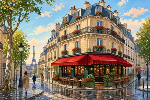 Calle de París con terraza de toldos rojos, balcones de hierro y adoquines