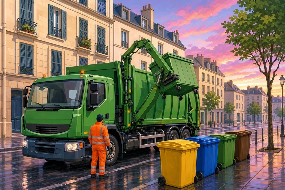 Camión de basura verde levantando un contenedor junto a otros amarillos, azules y verdes