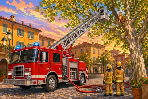 Camión de bomberos rojo con la escalera extendida hasta un árbol donde hay un gato