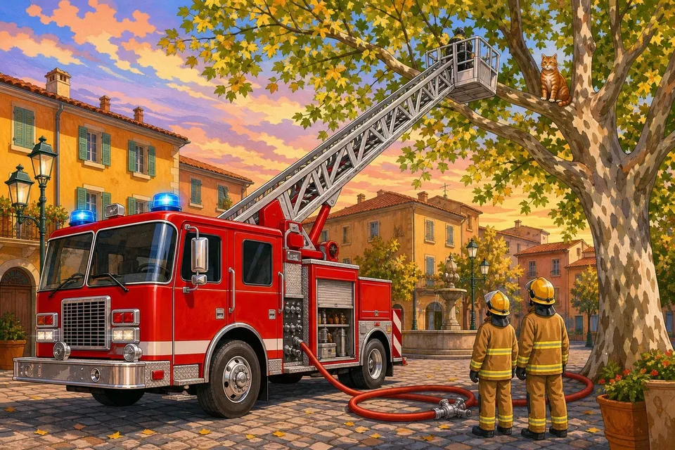 Camión de bomberos rojo con la escalera extendida hasta un árbol donde hay un gato