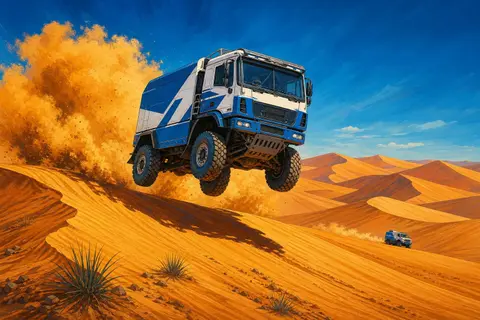 Camión de rally azul y blanco saltando una duna dorada y levantando una nube de arena