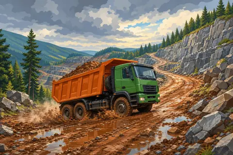 Volquete pesado de cabina verde y caja naranja subiendo una pista de barro en una cantera