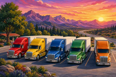 Cinco camiones de cabinas de colores aparcados en una parada de carretera al atardecer