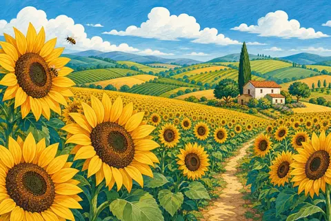 Campo de girasoles en flor con un camino de tierra y una casa de tejado rojo
