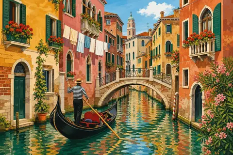 Canal de Venecia con casas de colores, un puente de piedra y una góndola negra