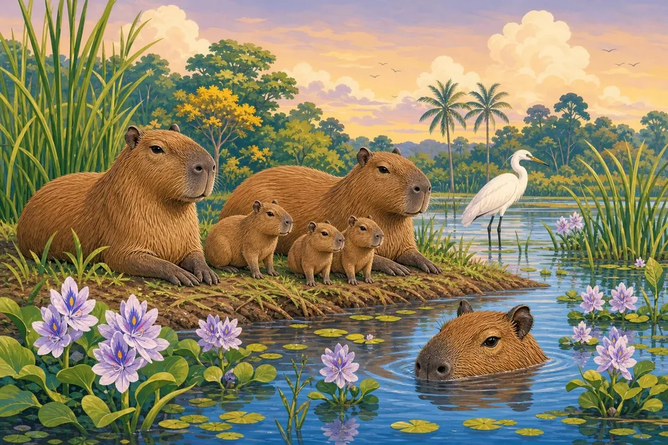 Familia de capibaras en la orilla de un humedal con jacintos de agua y una garza