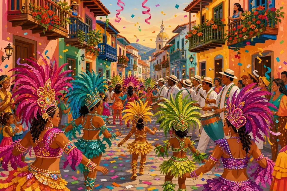 Comparsa de carnaval con trajes de plumas y confeti en una calle de balcones de colores