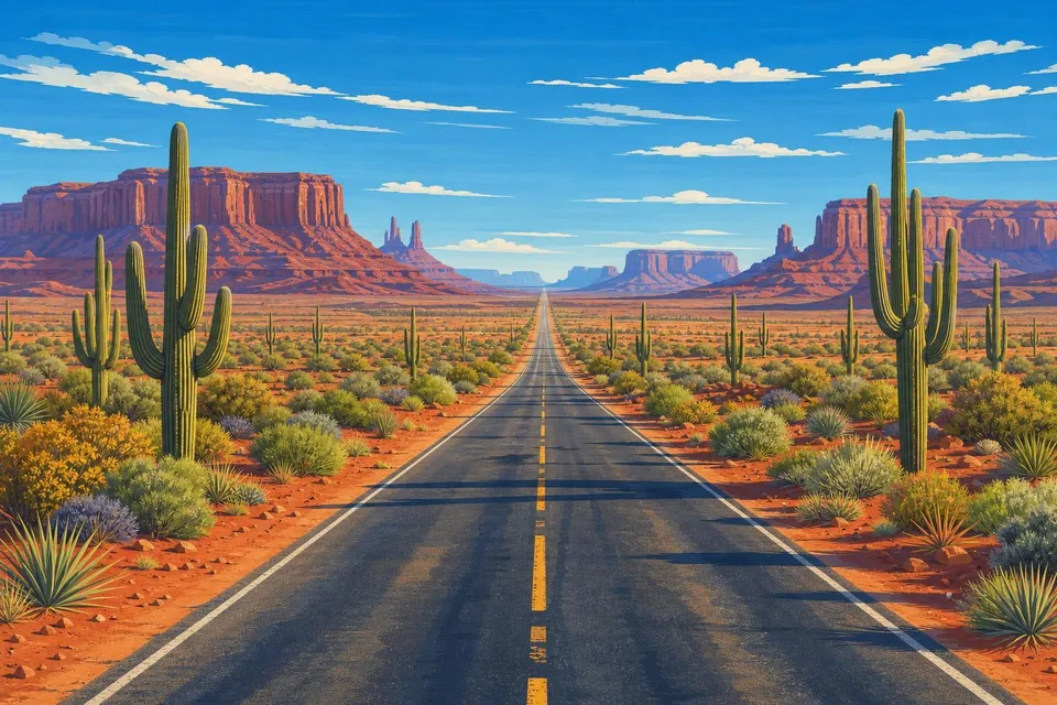 Carretera recta en el desierto entre arena roja, cactus y mesetas con cielo azul