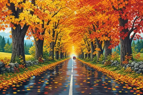 Carretera húmeda entre árboles de otoño con hojas amarillas, naranjas y rojas
