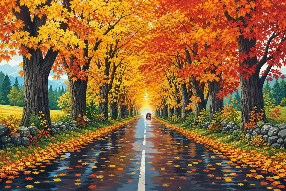 Carretera húmeda entre árboles de otoño con hojas amarillas, naranjas y rojas