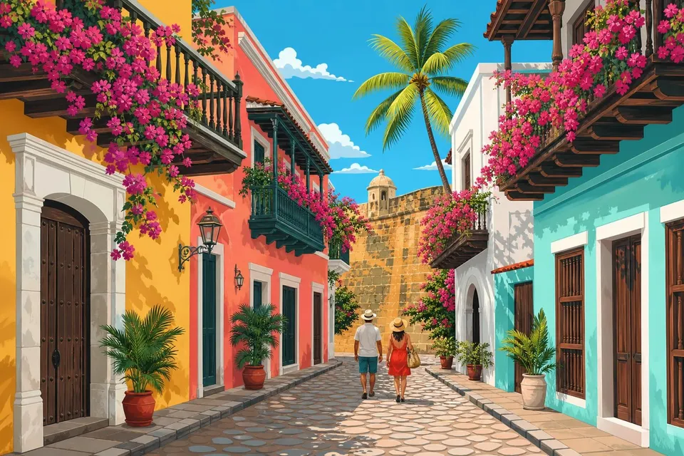 Calle de Cartagena de Indias con casas de colores, balcones de madera y buganvillas