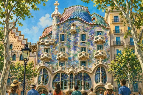 Fachada de la Casa Batlló con mosaico azul, balcones blancos y tejado de escamas