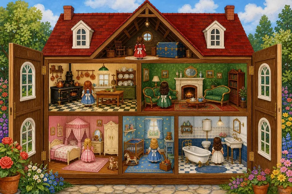Casa de muñecas abierta con seis habitaciones amuebladas en miniatura y tejado rojo