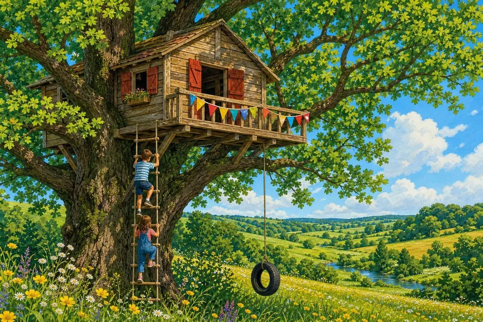 Casa del árbol de madera en un roble con escalera de cuerda y columpio
