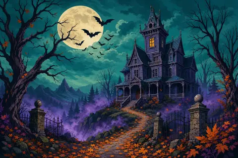 Casa victoriana torcida con una ventana encendida bajo la luna llena, murciélagos y un camino de hojas secas