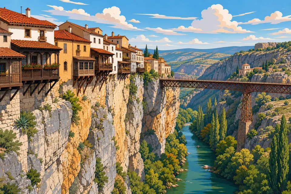 Casas colgantes de Cuenca con balcones de madera sobre la roca y la hoz del río