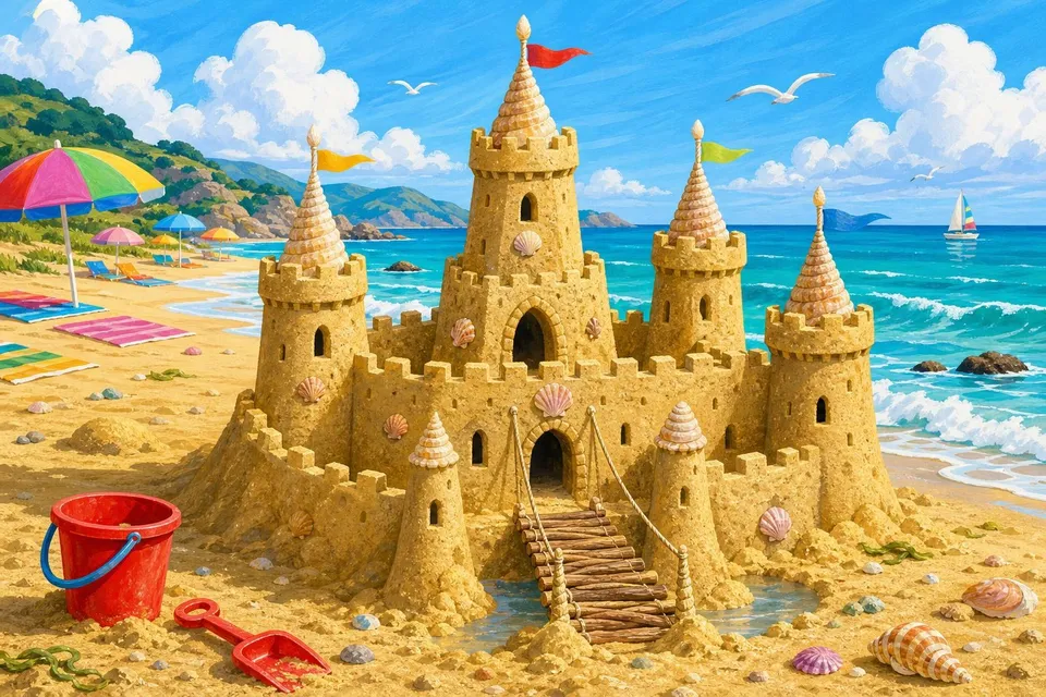 Enorme castillo de arena con cuatro torres junto al mar, con cubo rojo, pala y sombrillas de colores al fondo