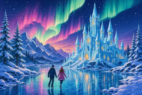 Castillo de hielo azul junto a un lago helado bajo una aurora verde y rosa