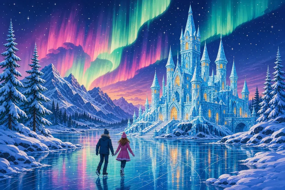 Castillo de hielo azul junto a un lago helado bajo una aurora verde y rosa