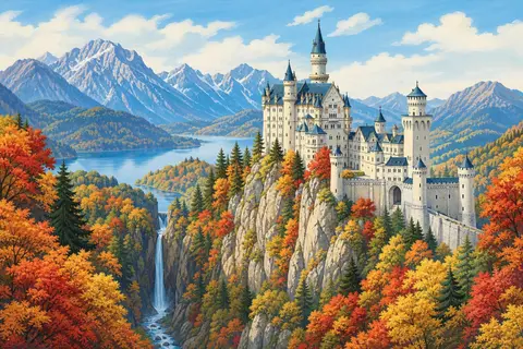 Castillo de Neuschwanstein de torres blancas sobre un bosque de otoño