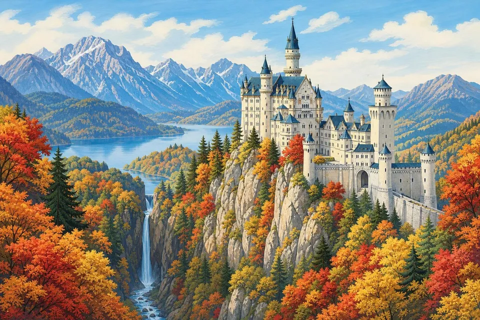 Castillo de Neuschwanstein de torres blancas sobre un bosque de otoño