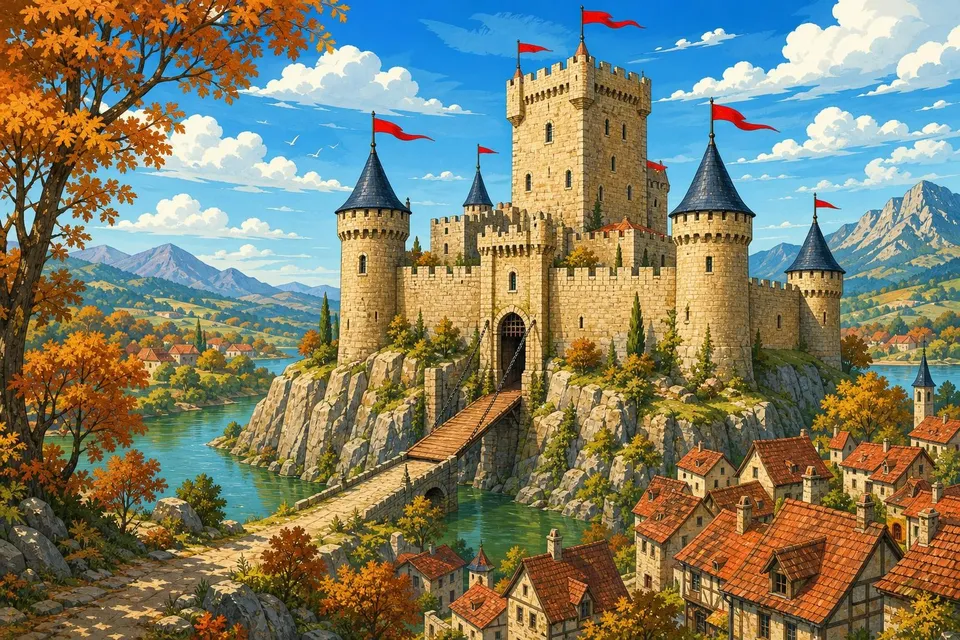 Castillo medieval de piedra sobre un cerro con foso, puente levadizo y pueblo