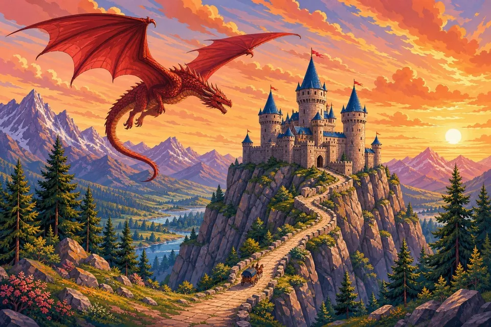 Dragón rojo sobrevolando un castillo de torres azules sobre un risco al atardecer