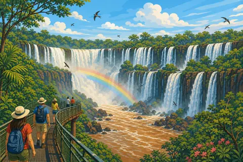 Cataratas del Iguazú con muchos saltos blancos, selva verde y un arcoíris