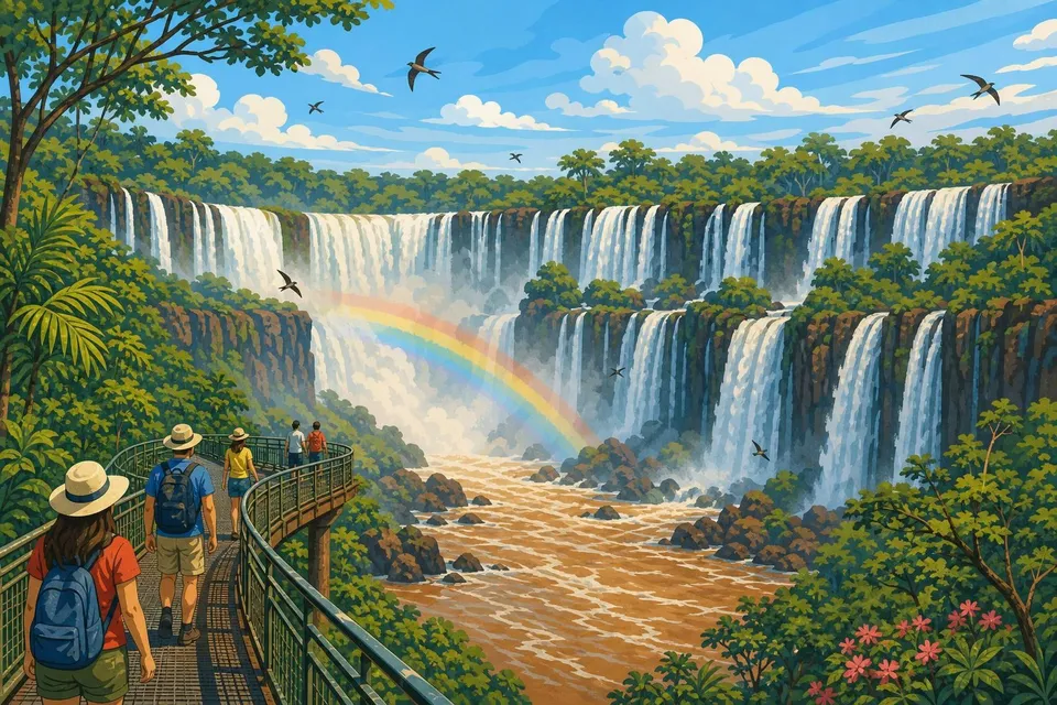 Cataratas del Iguazú con muchos saltos blancos, selva verde y un arcoíris