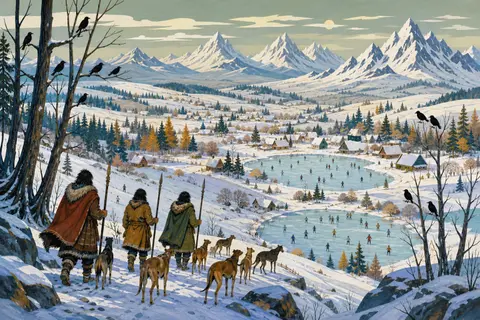 Cazadores con perros bajando una colina nevada hacia un valle con lagos helados