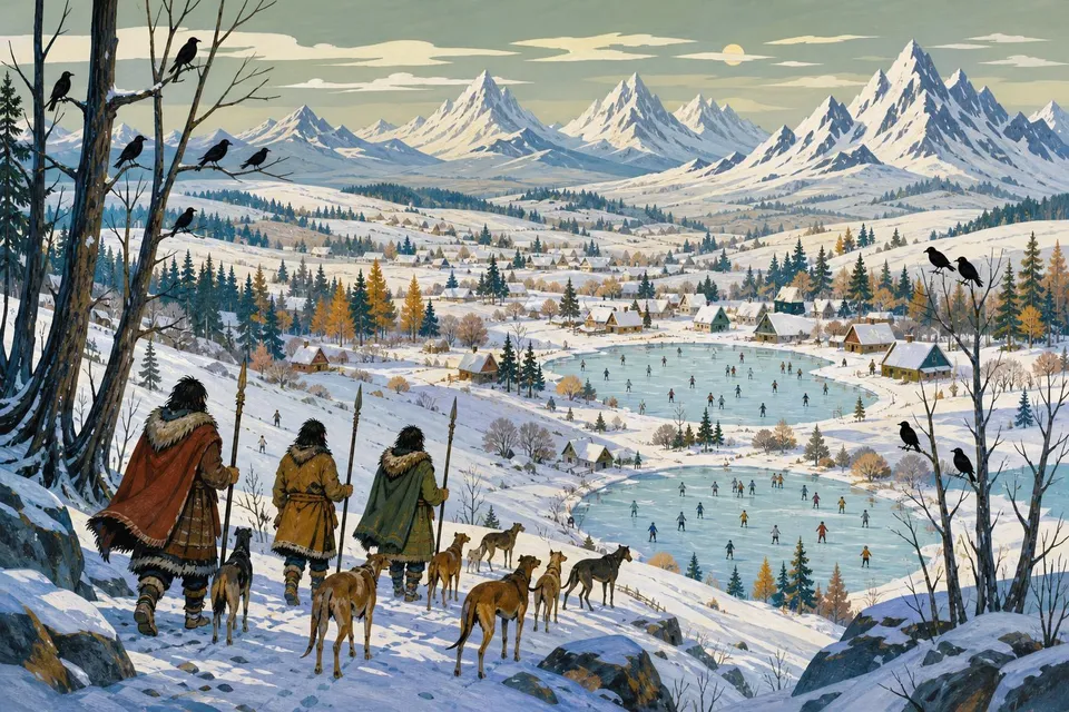 Cazadores con perros bajando una colina nevada hacia un valle con lagos helados