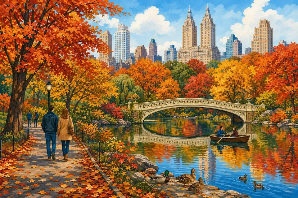 Lago de Central Park con árboles de otoño, un puente de hierro y rascacielos