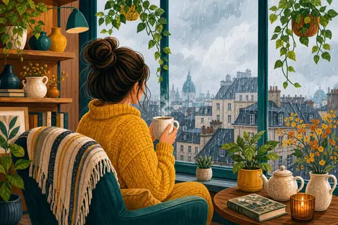 Chica de espaldas con jersey amarillo sostiene una taza humeante junto a una ventana con lluvia y plantas