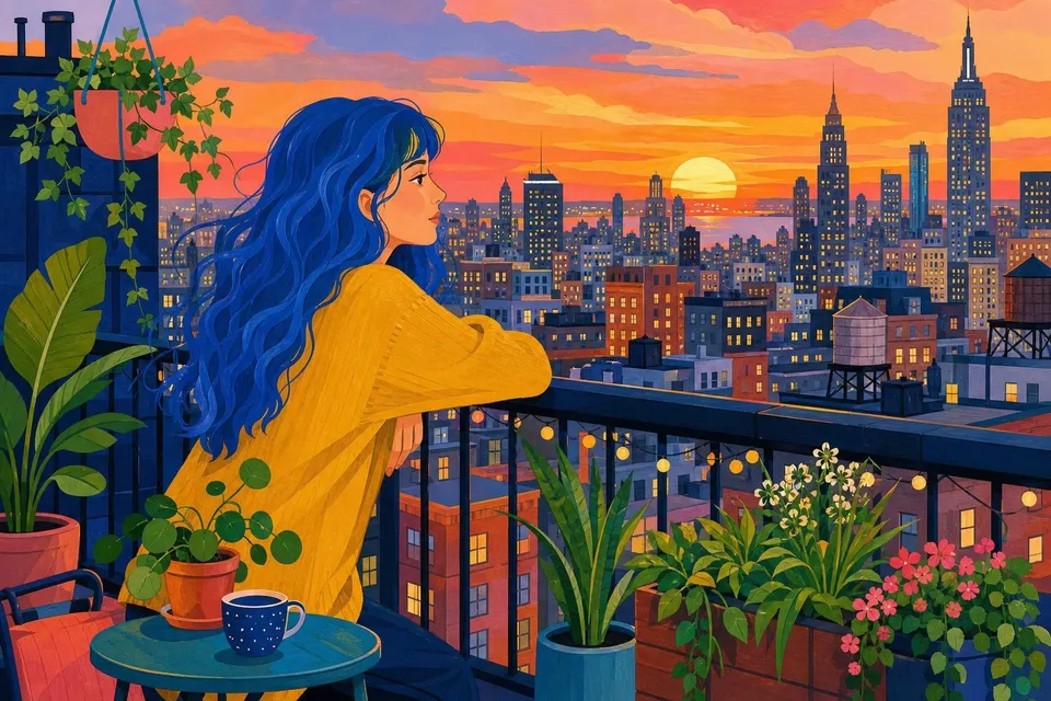 Joven de perfil con pelo azul eléctrico en una azotea con plantas al atardecer