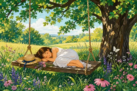 Niña dormida en un columpio de madera bajo un roble, entre hierba alta y flores