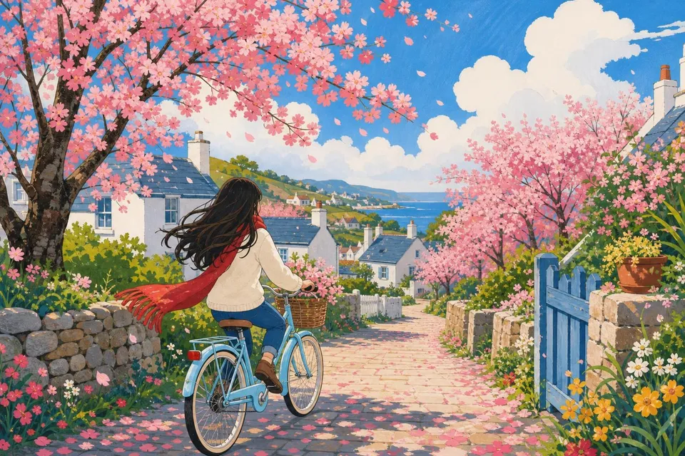 Chica dibujada de espaldas montando en bici por un camino con cerezos en flor y pétalos
