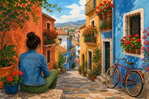 Chica de espaldas sentada en un escalón de una calle con fachadas de colores y bicicleta
