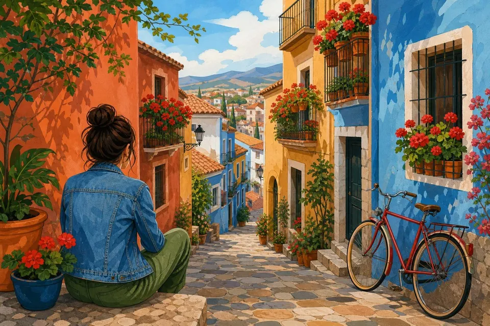 Chica de espaldas sentada en un escalón de una calle con fachadas de colores y bicicleta