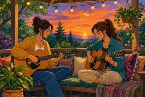 Dos chicas de perfil tocando guitarras acústicas en un banco de porche al atardecer