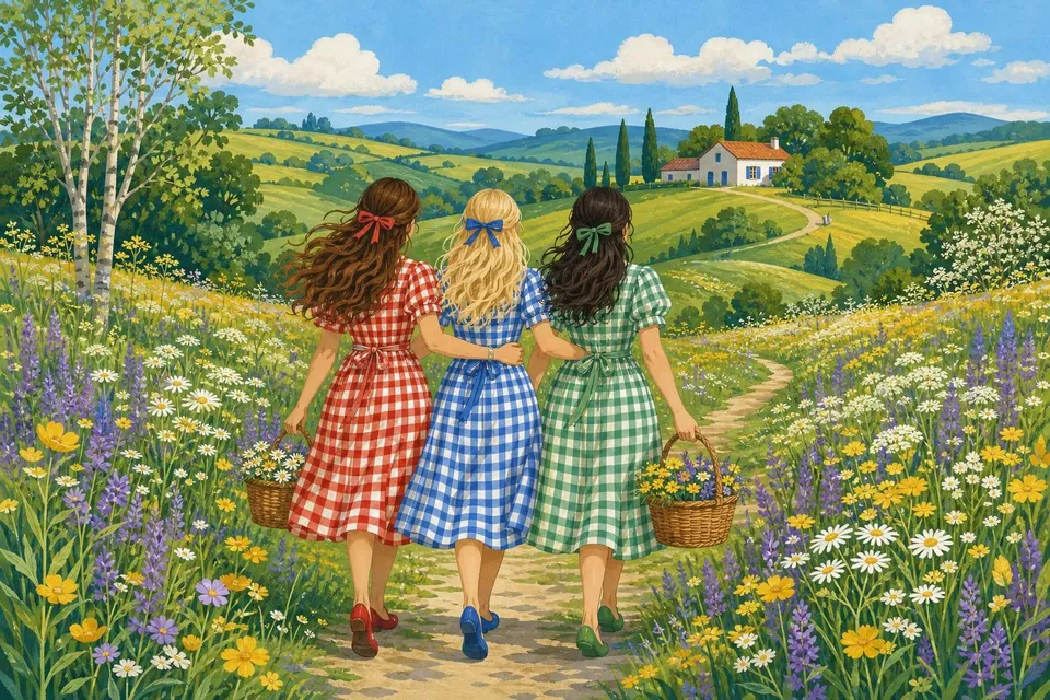 Tres chicas de espaldas con vestidos de cuadros caminando por un prado de flores