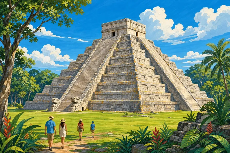Pirámide escalonada de Kukulcán en Chichén Itzá rodeada de selva y cielo azul