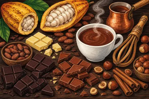 Onzas de chocolate, una taza humeante y mazorcas de cacao abiertas sobre una mesa de madera