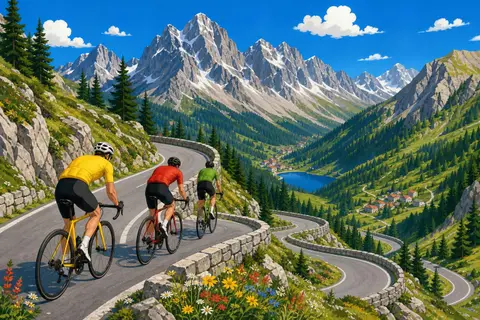 Tres ciclistas subiendo en fila por una carretera de montaña con curvas y pinos