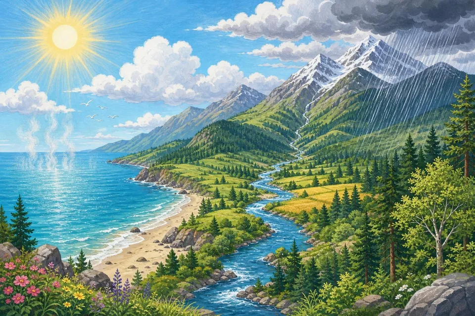Paisaje con mar, nubes, lluvia sobre montañas nevadas y un río que vuelve a la playa